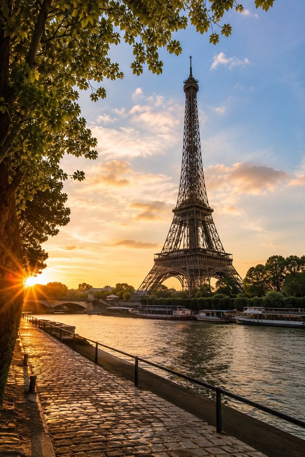 Torre Eiffel ao pôr do sol, às margens do Sena